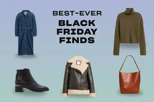 Collage of French fashion Black Friday Finds for winter we recommend on a colorful background