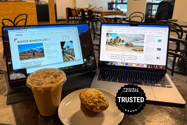 Working From a Cafe with a Portable Monitor and Laptop