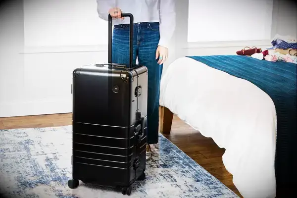 A person wheels the Monos Aluminum Trunk over a rug