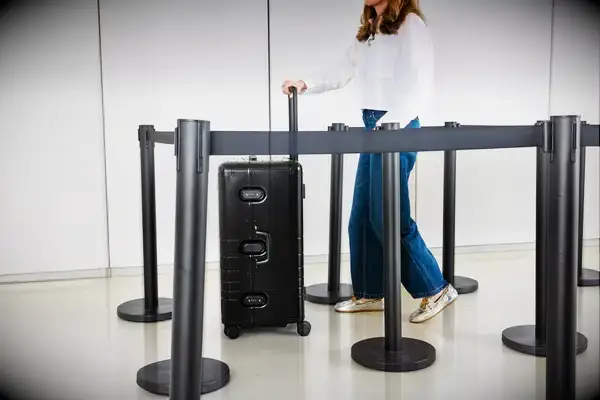 A person wheels the Monos Aluminum Trunk over linoleum