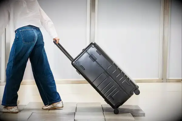 A person wheels the Monos Aluminum Trunk over stone pavers