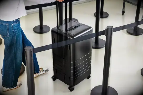 A person wheels the Monos Aluminum Trunk over aluminum