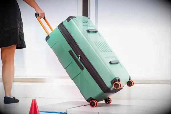 A person pulls the Delsey X Jeep JH002B Large Expandable Spinner Trunk over stone pavers