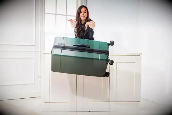 A person pushes the Calpak Hue Trunk Luggage off onto the floor