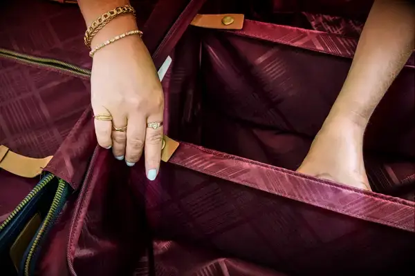 A person opens the pockets on the inside the Hartmann Reserve Medium Expandable Trunk