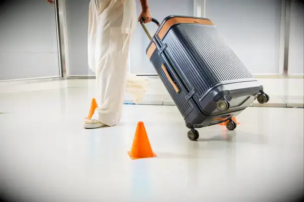 A person wheels the Hartmann Reserve Medium Expandable Trunk between cones