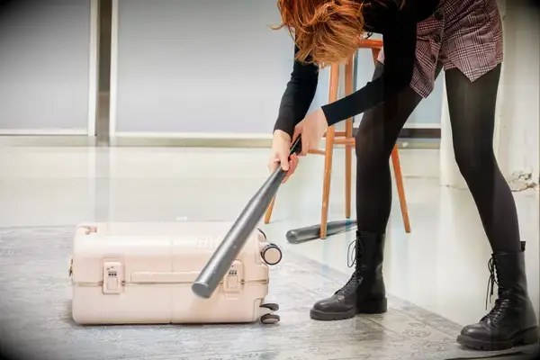 Person hitting the July Carry On Trunk with a bat