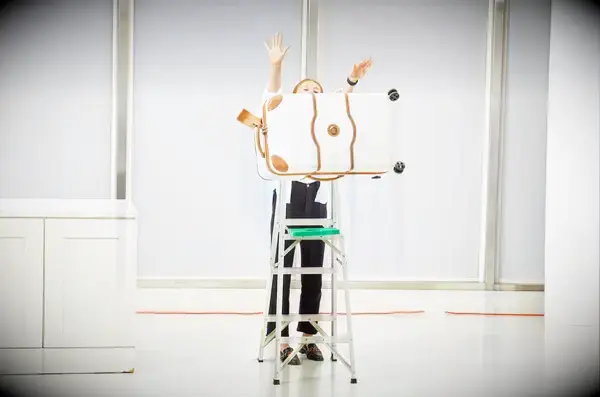 A person pushing the Delsey Paris Chatelet Air 2.0 26 Inch Trunk off of a ladder