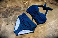 Tempt Me Women Two Piece Vintage Swimsuit Retro Halter Ruched High Waist Bikini with Bottom laying out flat