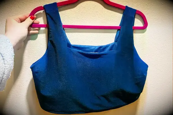 The Albion Olivia Swim Crop Swimsuit Top hangs from a hanger