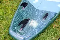 A close-up of the bottom of the iRocker BLACKFIN MODEL Inflatable Paddle Board