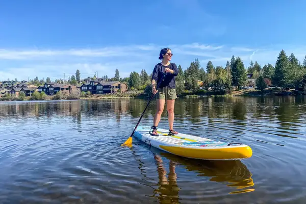 The Isle Pioneer 2.0 Inflatable Stand Up Paddle Board inflated in a lake