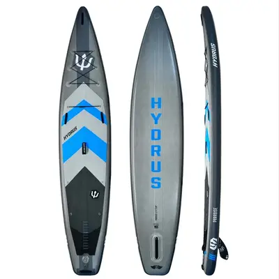 Three views of a HYDRUS inflatable paddleboard, showcasing its top, bottom, and side profiles