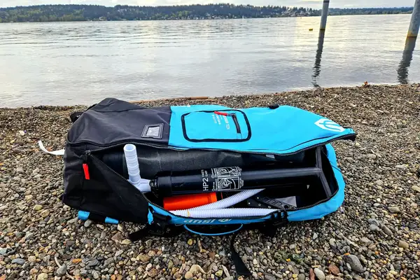 The Hydrus Paradise Touring Inflatable Paddle Board in its travel case