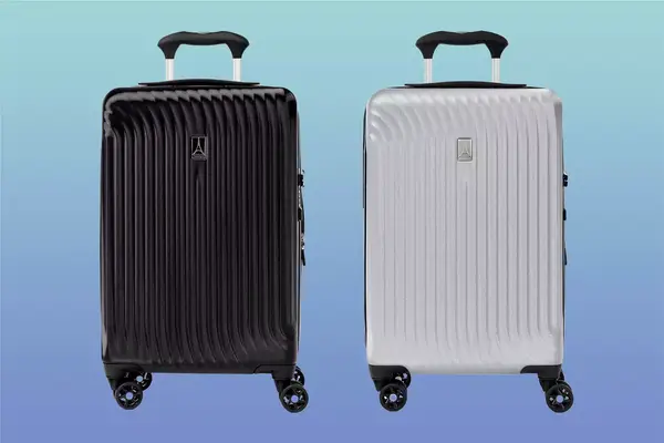 Collage two Travelpro Maxlite Air Hardside Carry-ons in different colors over a blue background