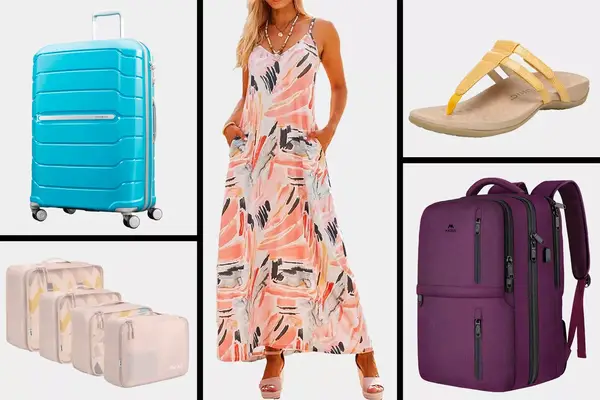 Various travel items including luggage, packing cubes, a dress, sandals, and a backpack
