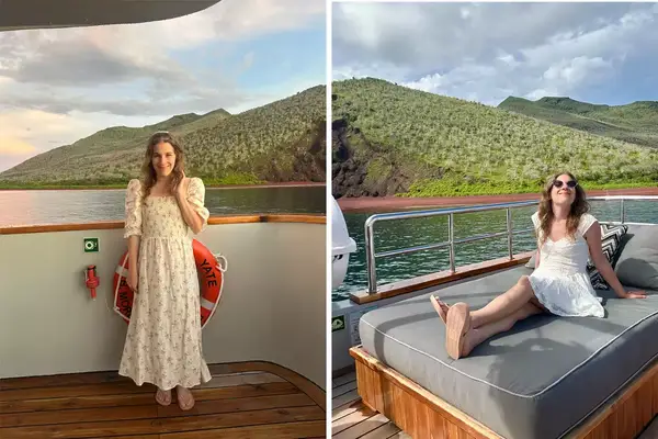 A side by side of a person on a boat deck with scenic views of hills and water