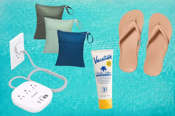 One Beat Flat Plug Power Strip, babygoal Wet Dry Bags, Vacation Classic Sunscreen Lotion and Archies Arch Support Flip Flops on a water background