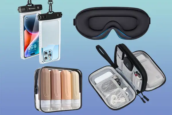 Various travel essentials including a waterproof phone case an eye mask a toiletry bag and travelsize bottles
