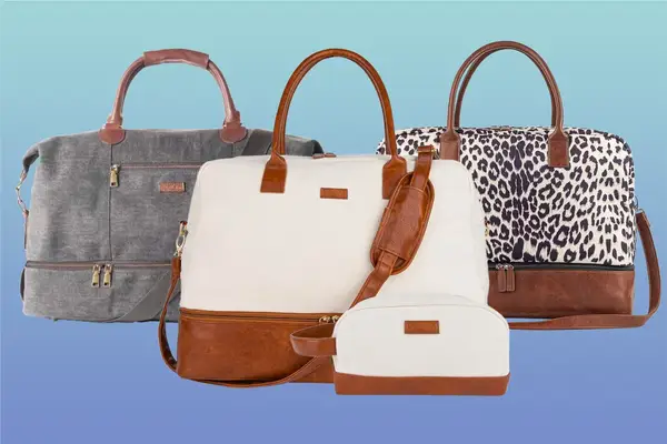 MyMealivos Canvas Weekender Bag in Grey, Ivory and Leopard on a blue background