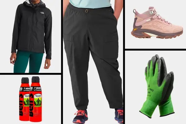 Trailmade Pull-On Pants, Venture 2 Waterproof Hooded Rain Jacket, Pine Tree Tools Bamboo Garden Gloves, Moab Speed 2 Leather Mid Waterproof Hiking Boots, and Ben