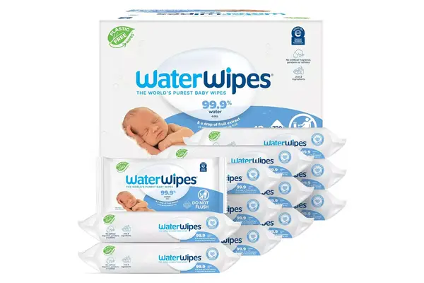 WaterWipes Plastic-Free Original Baby Wipes, 99.9% Water Based Wipes, Unscented & Hypoallergenic for Sensitive Skin, 60 Count (Pack of 12), Packaging May Vary