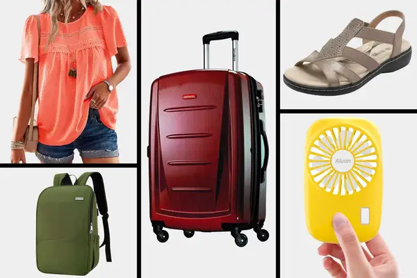 A collection of various items including a red suitcase, a yellow handheld fan, green backpack, casual sandals, and a bright casual top