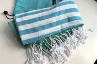 The Bay Laurel Turkish Beach Towel on a white surface