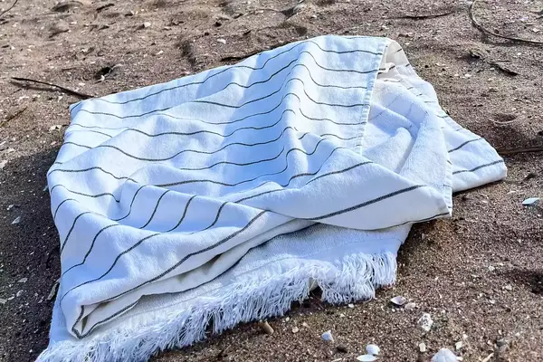 Brooklinen Turkish Flatweave Beach Blanket on a beach