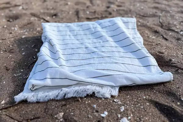 Brooklinen Turkish Flatweave Beach Blanket on a beach