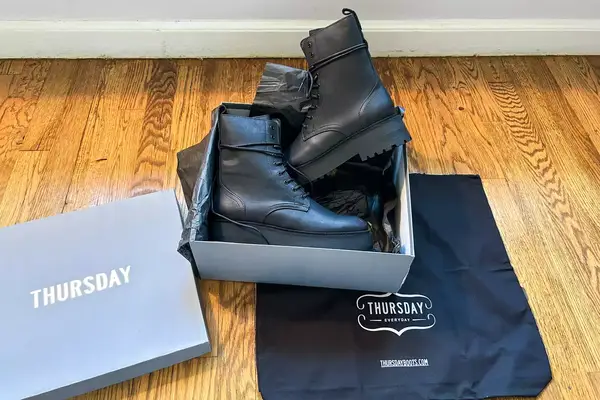 A pair of Thursday Boot Co. Quest Boots in a shoe box
