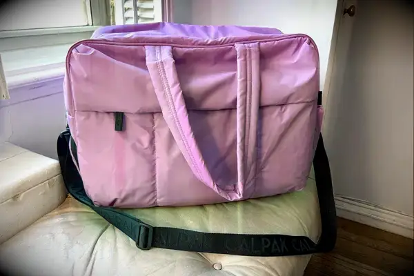 Calpak Luka Large Duffel sitting on a couch