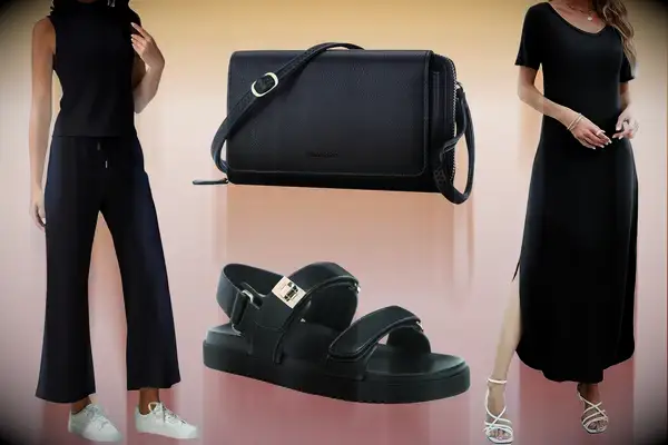 Casly Lamiit Two Piece Outfit, Peacocktion Crossbody Bag, Rihero Flat Sandal and HUSKARY Maxi Dress on a yellow and pink background