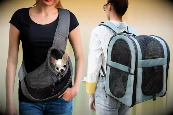 A person carrying a dog using the YUDODO Pet Dog Sling Carrier next to a person wearing the apollo walker Pet Carrier Backpack on a green and yellow gradient background