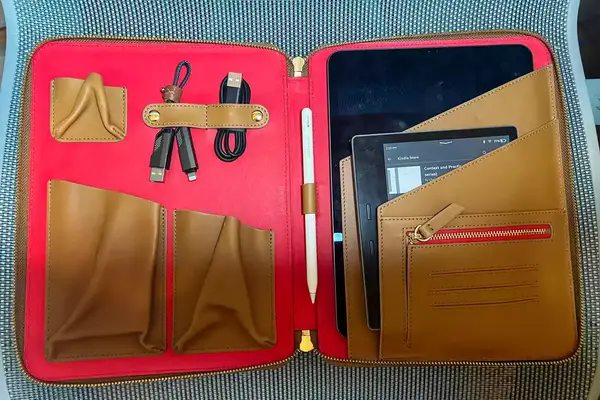 Mark & Graham Essential Tech Folio Open Displaying Cables and Tablet