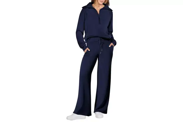 Amazon ANRABESS Women 2 Piece Outfits Sweatsuit Set 2023 Fall Oversized Half Zip Sweatshirt Wide Leg Sweatpant Lounge Set Tracksuit