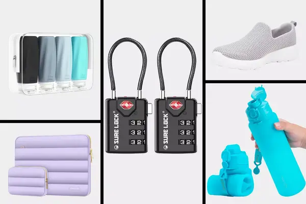 collage of travel essentials including travel bottles, laptop cases, sneakers, portable water bottles, and locks on grid background