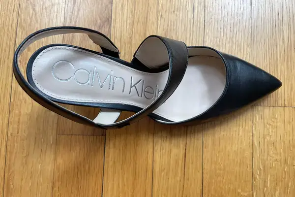The Calvin Klein Larin Pump on wood flooring