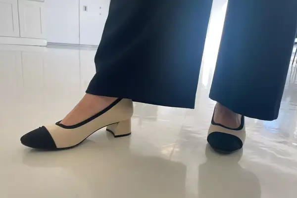 Closeup of feet wearing Vivaia Round-Toe Chunky Heels (Julie Pro)