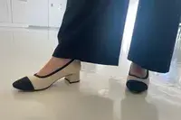 Closeup of feet wearing Vivaia Round-Toe Chunky Heels (Julie Pro)