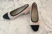 The Vivaia Round-Toe Chunky Heels (Julie Pro) on a white marble surface 