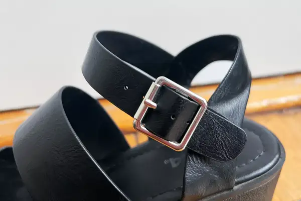 Closeup of the buckle on the Soda Open Toe Block Heel