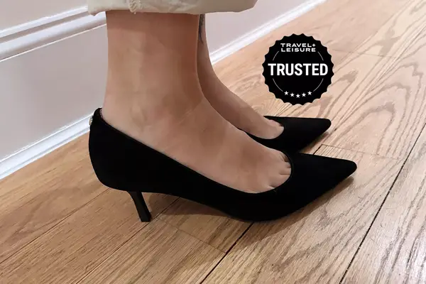 A person wears Nine West Kuna Pointy Toe Pumps