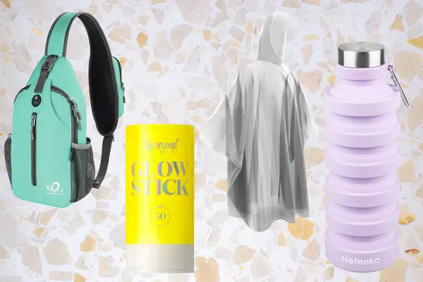 A set of travel and outdoor essentials including a backpack, a reusable glow stick, a clear poncho, and a collapsible water bottle