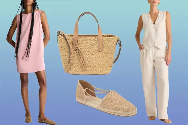 collage of spring vacation pieces including a sundress, a linen set, a wicker bag, and wicker sandals on blue gradient background