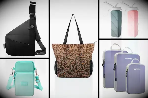 Assorted items including a leopard print bag, water bottles, a black sling backpack, a mint green crossbody bag, and two packing organizers