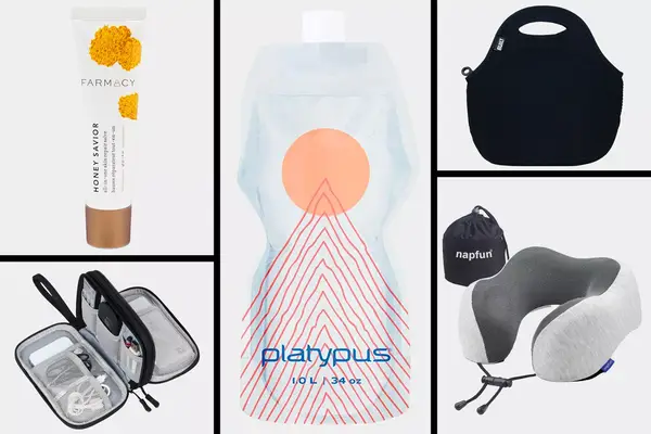 Collage of different travel essentials we recommend to make air travel easier