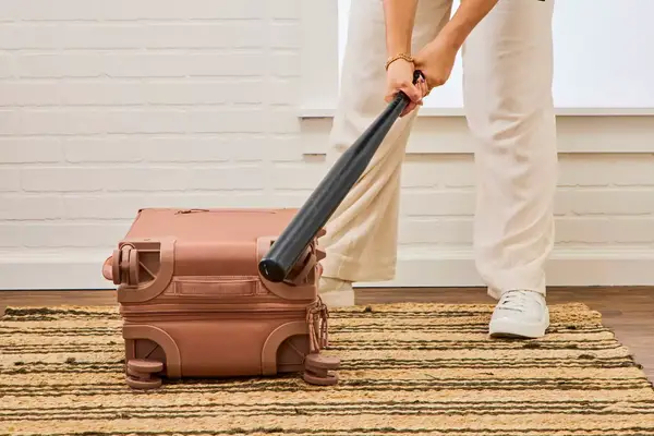 A person hits the Dagne Dover Smaller Seattle Carry-on Luggage 20.5 Inches with a baseball bat