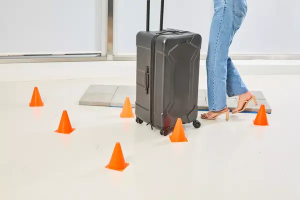 A person wheeling the Briggs & Riley Extra Large Trunk Spinner through orange cones