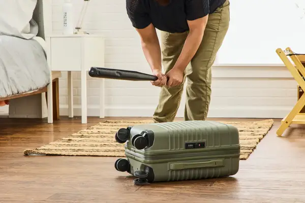 A person hitting the Beis Small Carry-on Roller suitcase with a baseball bat